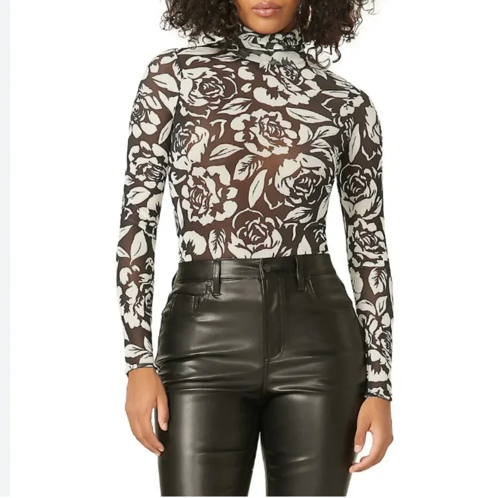 ❌SOLD❌Afrm x Revolve Miki Black Noir Rose Mesh turtleneck top with faux fur cuff - Picture 2 of 12